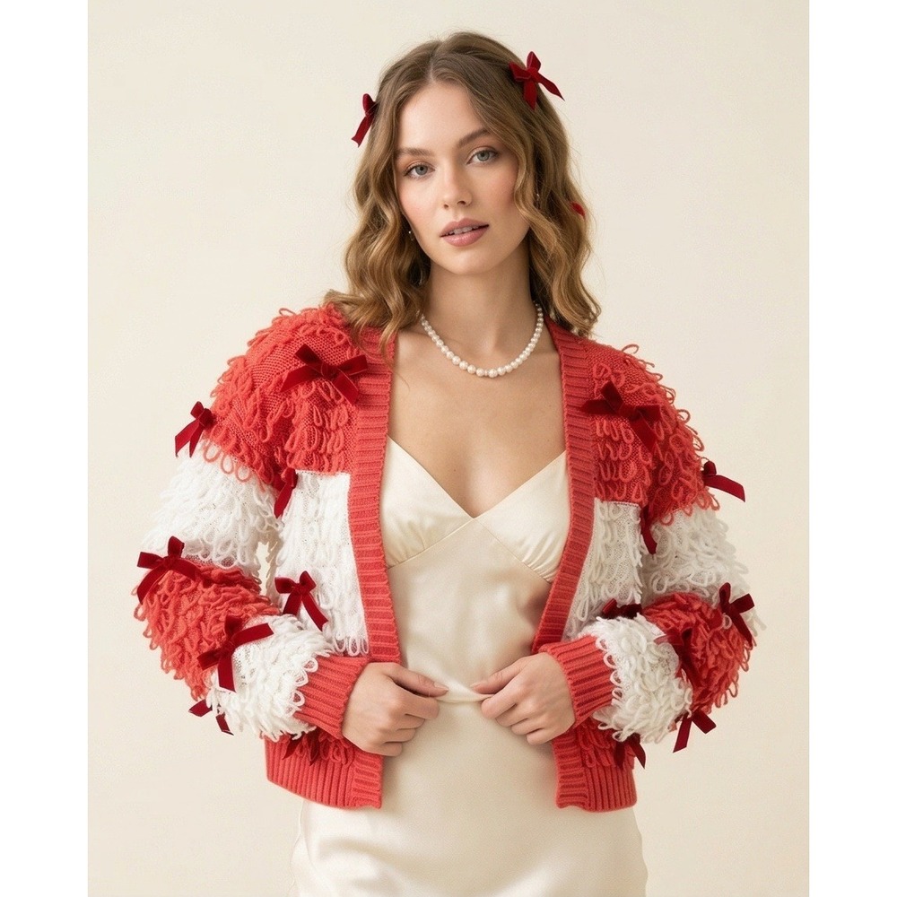 Mighty‎ Fine XS Coral Red White Striped Loop Knit Bow Cardigan Sweater NEW